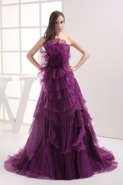 Court Train Strapless Satin Organza Handmade Flowers Prom/Formal Evening Dresses 02020165