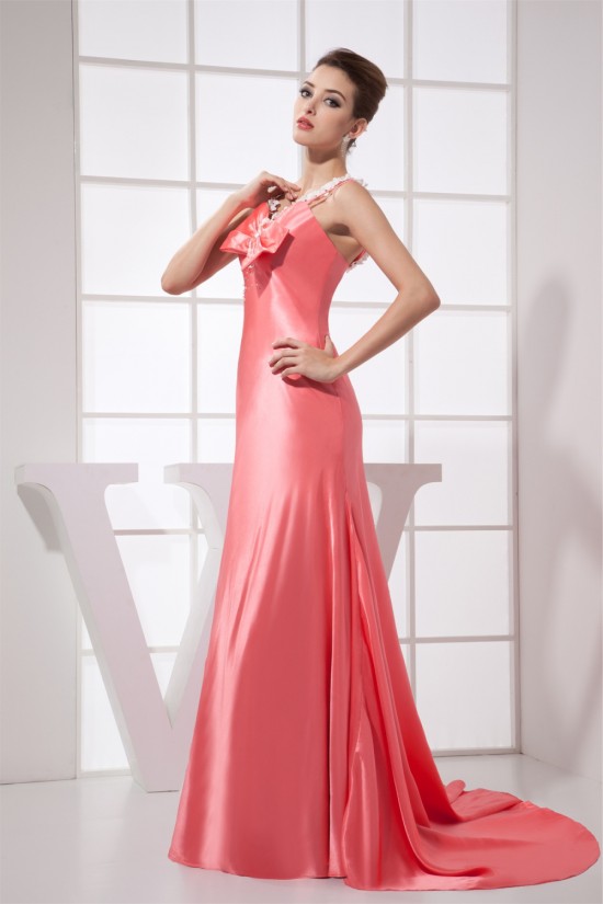 Elastic Woven Satin Ruched Sleeveless Brush Sweep Train Prom/Formal Evening Dresses 02020169