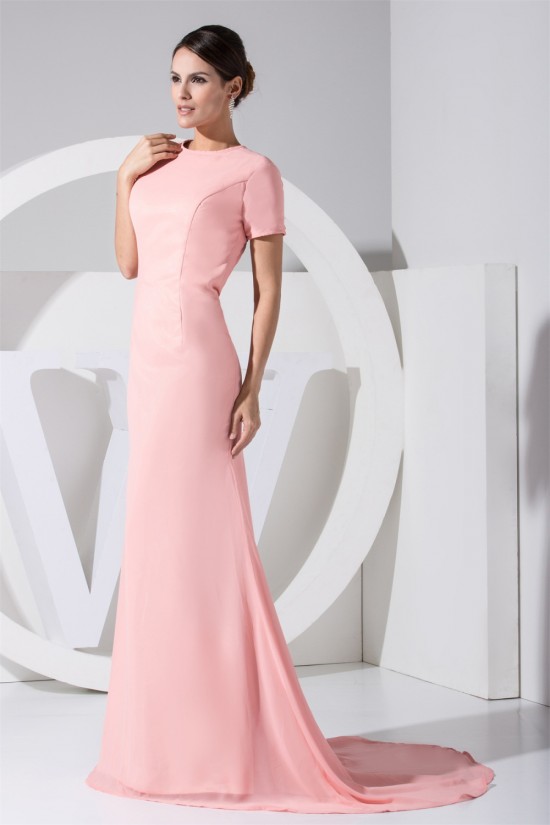 Hollow Back Satin Chiffon Puddle Train Short Sleeve Long Pink Prom/Formal Evening Dresses 02020211 Hollow Back Satin Chiffon Puddle Train Short Sleeve Long Pink Prom/Formal Evening Dresses 02020211