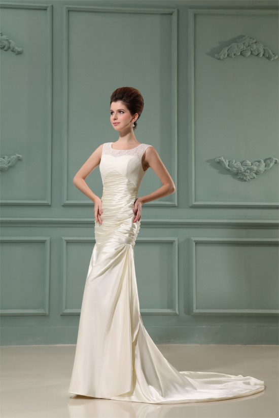 Ruched Lace Silk like Satin Square Court Train Prom/Formal Evening Dresses 02020251