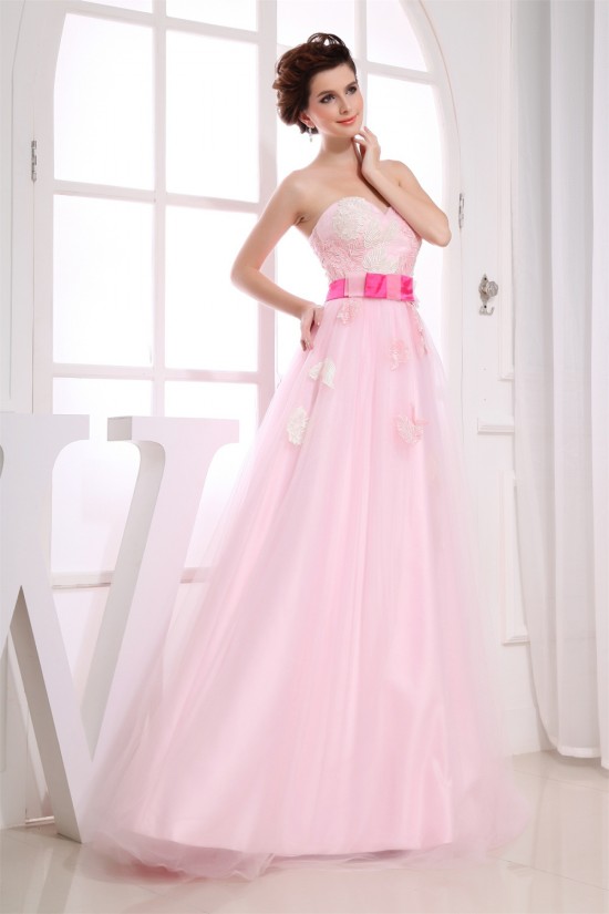 A-Line Sweetheart Satin Fine Netting Long Pink Beading Prom/Formal Evening Dresses 02020269
