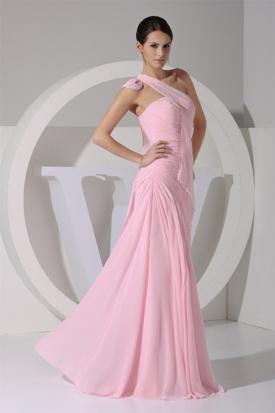 Elegant One-Shoulder Long Pink Chiffon Prom Evening Bridesmaid Dresses 02020347