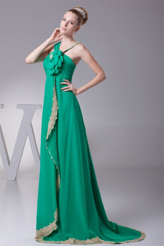 Empire One-Shoulder Long Green Brush Sweep Train Prom/Formal Evening Dresses 02020353