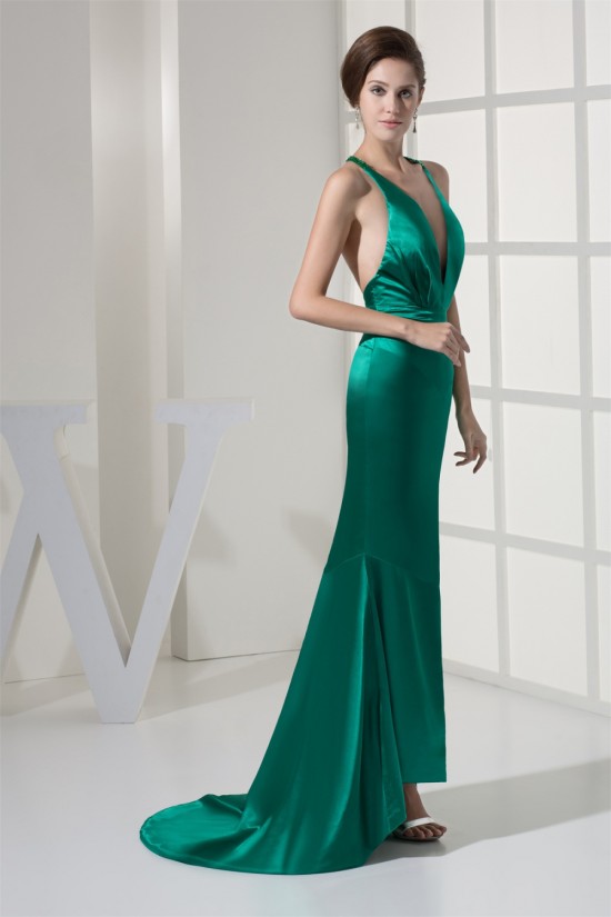 Mermaid/Trumpet Brush Sweep Train Deep V-Neck Long Green Prom/Formal Evening Dresses 02020373