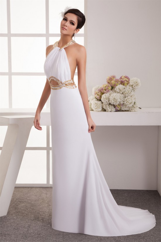 Trumpet/Mermaid Halter Chiffon Sleeveless Beaded Long White Prom/Formal Evening Dresses 02020458 Trumpet/Mermaid Halter Chiffon Sleeveless Beaded Long White Prom/Formal Evening Dresses 02020458
