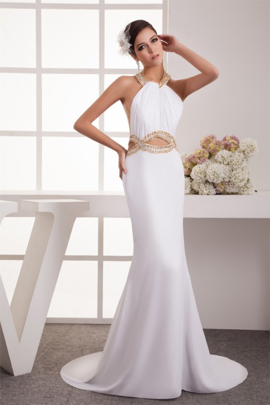 Trumpet/Mermaid Halter Chiffon Sleeveless Beaded Long White Prom/Formal Evening Dresses 02020458 Trumpet/Mermaid Halter Chiffon Sleeveless Beaded Long White Prom/Formal Evening Dresses 02020458