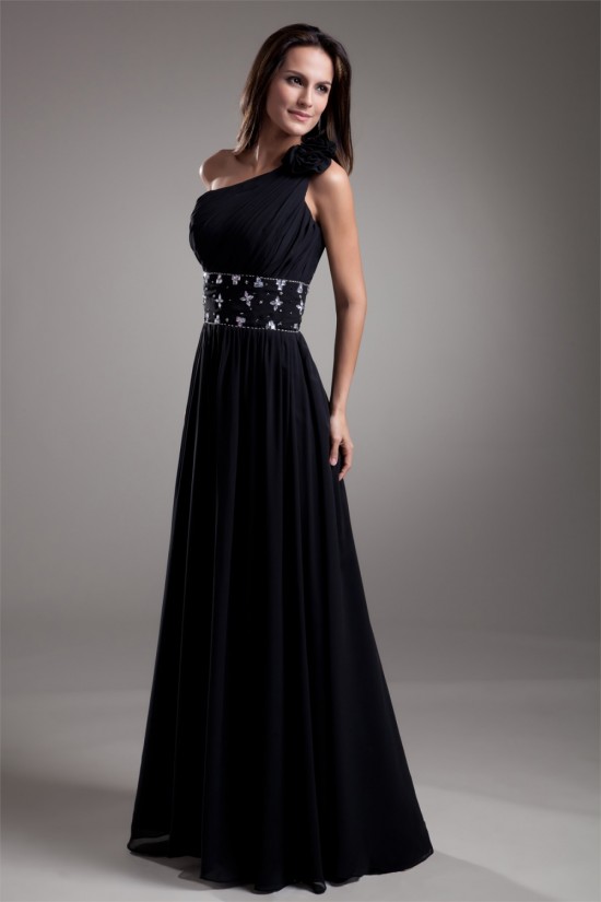 A-Line One-Shoulder Beaded Black Floor-Length Prom/Formal Evening Dresses 02020714