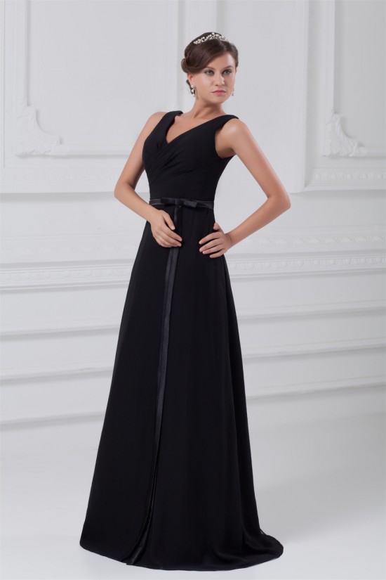 A-Line V-Neck Long Black Chiffon Evening Party Bridesmaid Dresses 02020823