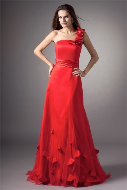 A-Line Silk like Satin Net Handmade Flowers Prom/Formal Evening Dresses 02020858