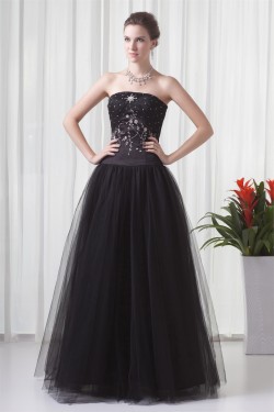 A-Line Sleeveless Beading Satin Fine Netting Strapless Prom/Formal Evening Dresses 02020868