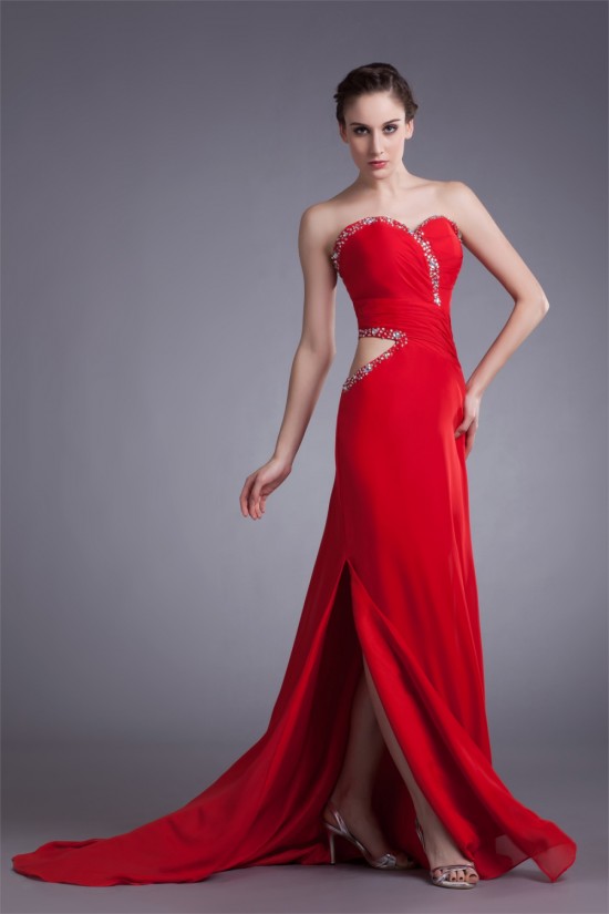 Sheath/Column Chiffon Elastic Long Red Beaded Prom/Formal Evening Dresses 02020874