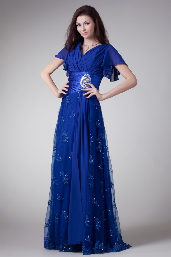 V-Neck Short Beading Chiffon Lace Elastic Woven Satin Prom/Formal Evening Dresses 02020964