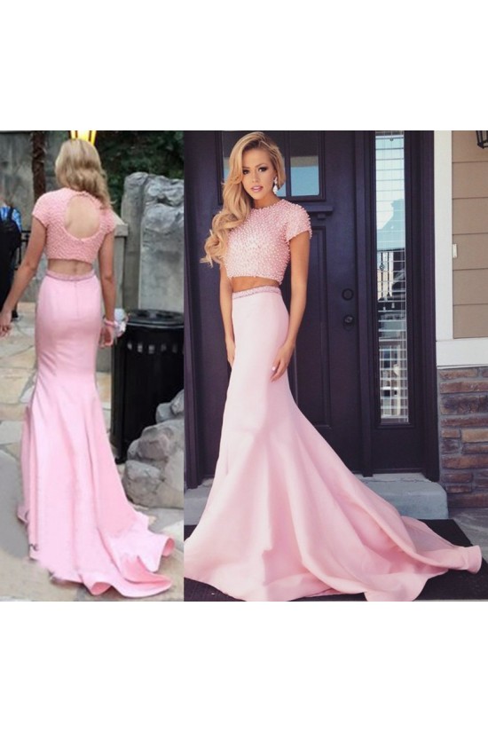 Two Pieces Pink Keyhole Back Prom Evening Formal Dresses 3020002 Two Pieces Pink Keyhole Back Prom Evening Formal Dresses 3020002