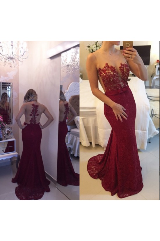 Trumpet/Mermaid Lace Long Red See Through Prom Evening Formal Dresses 3020013 Trumpet/Mermaid Lace Long Red See Through Prom Evening Formal Dresses 3020013