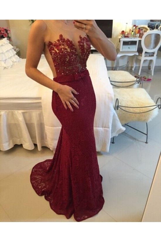 Trumpet/Mermaid Lace Long Red See Through Prom Evening Formal Dresses 3020013 Trumpet/Mermaid Lace Long Red See Through Prom Evening Formal Dresses 3020013