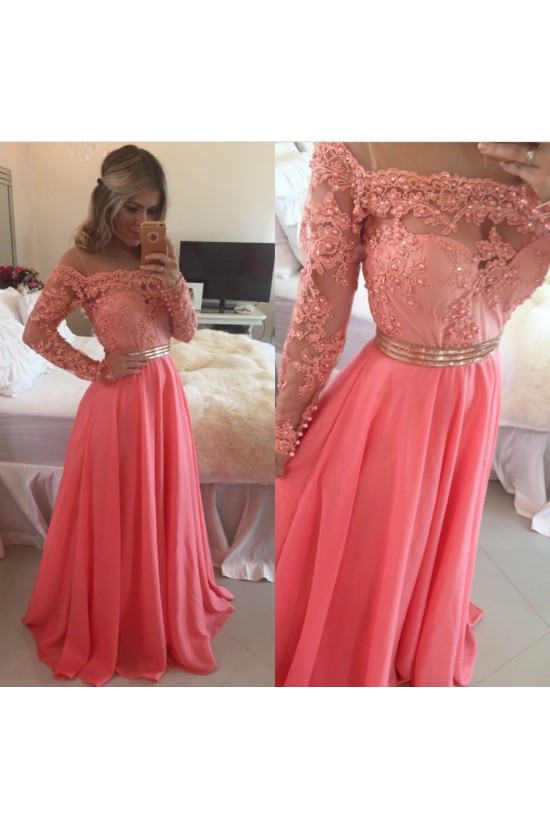 A-Line Off-the-Shoulder Long Sleeves Lace Chiffon Prom Evening Formal Dresses 3020015 A-Line Off-the-Shoulder Long Sleeves Lace Chiffon Prom Evening Formal Dresses 3020015