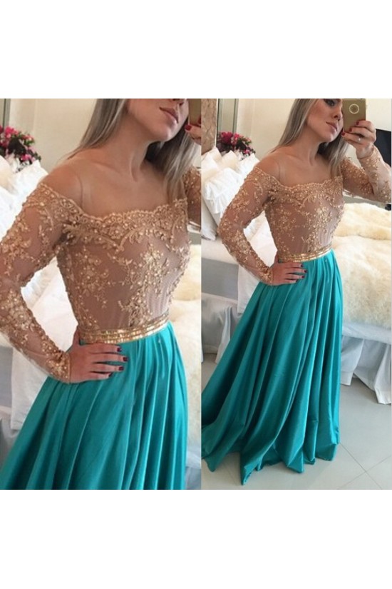 A-Line Off-the-Shoulder Long Sleeves Lace Chiffon Prom Evening Formal Dresses 3020015 A-Line Off-the-Shoulder Long Sleeves Lace Chiffon Prom Evening Formal Dresses 3020015