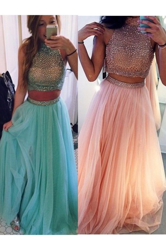 Two Pieces Beaded High Neck Long Prom Evening Formal Dresses 3020018 Two Pieces Beaded High Neck Long Prom Evening Formal Dresses 3020018