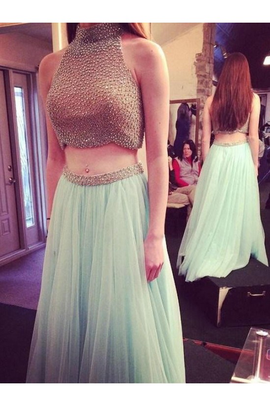 Two Pieces Beaded High Neck Long Prom Evening Formal Dresses 3020019 Two Pieces Beaded High Neck Long Prom Evening Formal Dresses 3020019