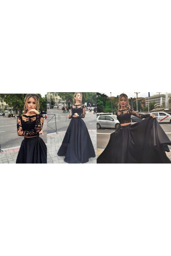 Two Pieces Long Sleeves Black Lace Prom Evening Formal Dresses 3020024