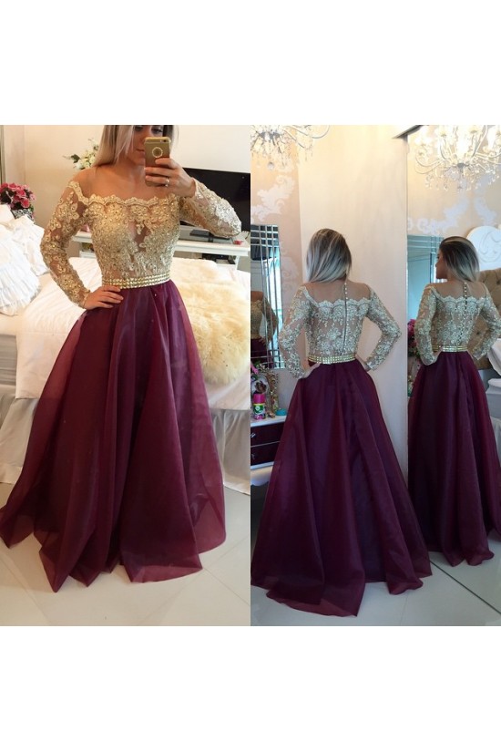 A-Line Off-the-Shoulder Long Sleeves Gold Lace Prom Evening Formal Dresses 3020025 A-Line Off-the-Shoulder Long Sleeves Gold Lace Prom Evening Formal Dresses 3020025