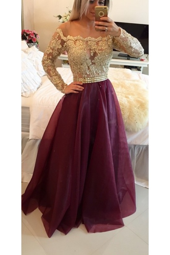 A-Line Off-the-Shoulder Long Sleeves Gold Lace Prom Evening Formal Dresses 3020025 A-Line Off-the-Shoulder Long Sleeves Gold Lace Prom Evening Formal Dresses 3020025