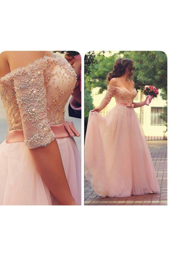 A-Line Off-the-Shoulder Half Sleeves Long Pink Lace Chiffon Prom Evening Formal Dresses 3020038 A-Line Off-the-Shoulder Half Sleeves Long Pink Lace Chiffon Prom Evening Formal Dresses 3020038