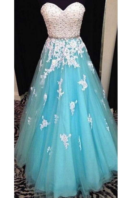 A-Line Sweetheart Lace Tulle White Blue Long Prom Evening Formal Dresses 3020040 A-Line Sweetheart Lace Tulle White Blue Long Prom Evening Formal Dresses 3020040