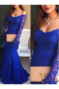 Trumpet/Mermaid Off-the-Shoulder Lace Long Blue Prom Evening Formal Dresses 3020058