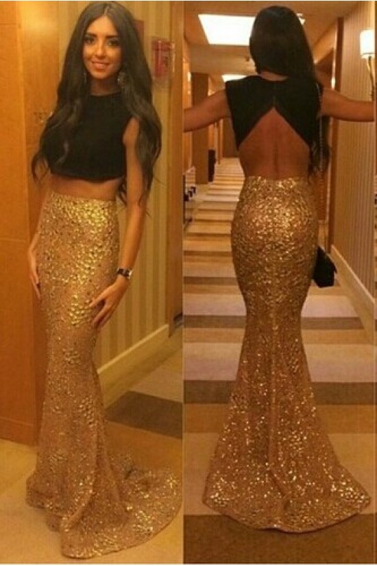 Trumpet/Mermaid Two Pieces Lace Long Black Gold Prom Evening Formal Dresses 3020060 Trumpet/Mermaid Two Pieces Lace Long Black Gold Prom Evening Formal Dresses 3020060