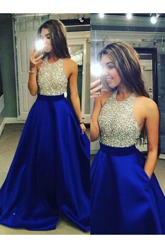 A-Line Halter Sequins Blue Satin Long Prom Evening Formal Dresses 3020062 A-Line Halter Sequins Blue Satin Long Prom Evening Formal Dresses 3020062