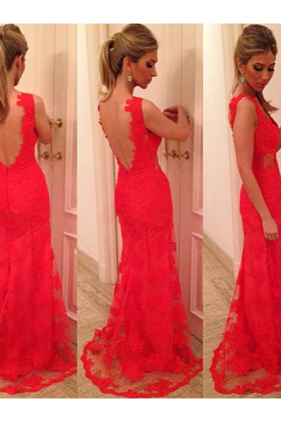 Long Red Lace Low V-Back Prom Evening Formal Dresses 3020070 Long Red Lace Low V-Back Prom Evening Formal Dresses 3020070