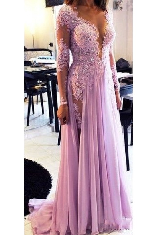 Sexy Long Sleeves Lilac Lace Appliques Chiffon See Through Prom Evening Formal Dresses 3020071 Sexy Long Sleeves Lilac Lace Appliques Chiffon See Through Prom Evening Formal Dresses 3020071