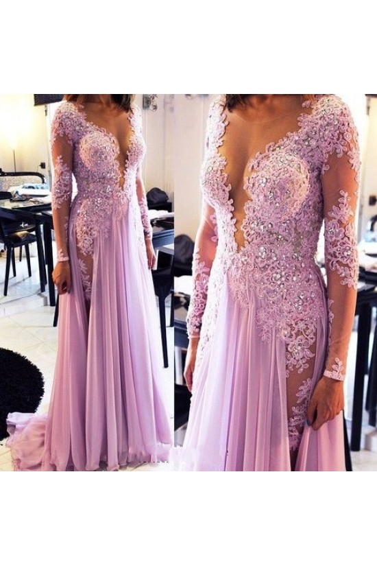 Sexy Long Sleeves Lilac Lace Appliques Chiffon See Through Prom Evening Formal Dresses 3020071 Sexy Long Sleeves Lilac Lace Appliques Chiffon See Through Prom Evening Formal Dresses 3020071