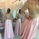Long Sleeves Off-the-Shoulder Gold Beaded Lace Pink Prom Evening Formal Dresses 3020075