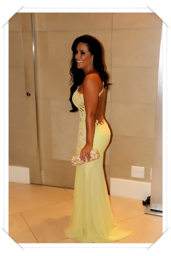 One Sleeve Long Yellow Lace Appliques See Through Prom Evening Formal Dresses 3020100 One Sleeve Long Yellow Lace Appliques See Through Prom Evening Formal Dresses 3020100