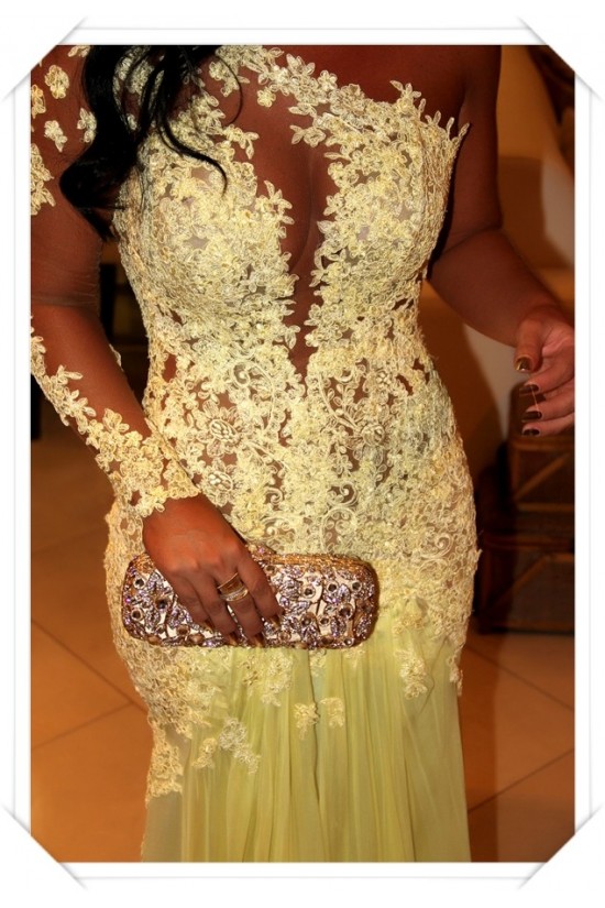 One Sleeve Long Yellow Lace Appliques See Through Prom Evening Formal Dresses 3020100 One Sleeve Long Yellow Lace Appliques See Through Prom Evening Formal Dresses 3020100
