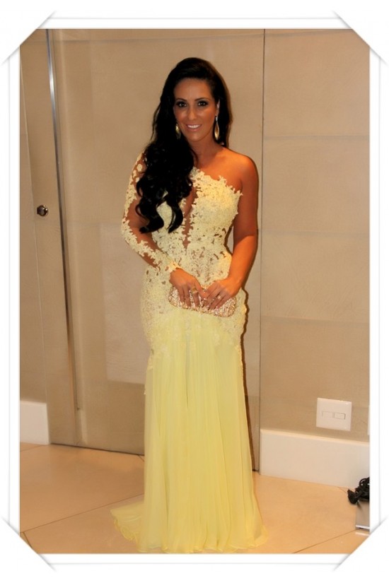 One Sleeve Long Yellow Lace Appliques See Through Prom Evening Formal Dresses 3020100 One Sleeve Long Yellow Lace Appliques See Through Prom Evening Formal Dresses 3020100