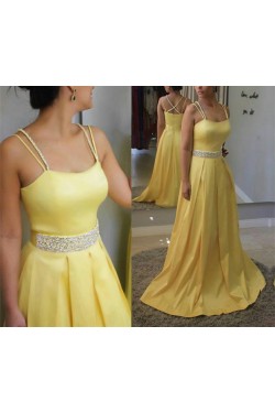 Long Yellow Beaded Spaghetti Straps Prom Formal Evening Party Dresses 3021000