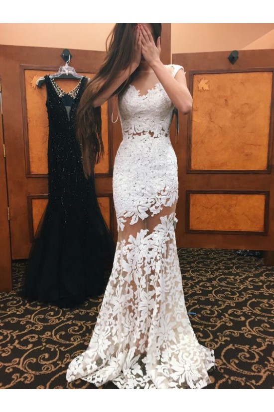 Trumpet/Mermaid Long White See Through Prom Evening Formal Dresses 3020101