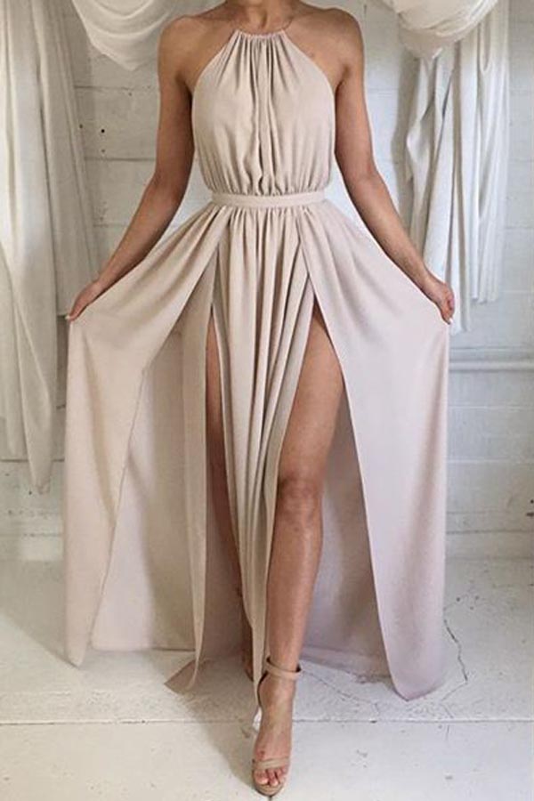 Unique Blue Halter Chiffon Long Prom Evening Dress Y8108 main image 1
