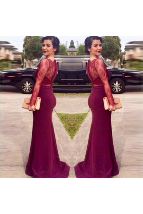 Trumpet/Mermaid Long Sleeves Red Lace Prom Evening Formal Dresses 3020104