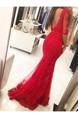 Long Red Beaded Lace Mermaid Prom Formal Evening Party Dresses 3021050