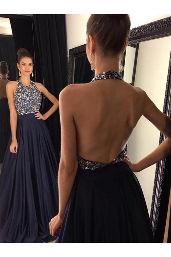 Beaded Halter Long Navy Blue Prom Formal Evening Party Dresses 3021052 Beaded Halter Long Navy Blue Prom Formal Evening Party Dresses 3021052