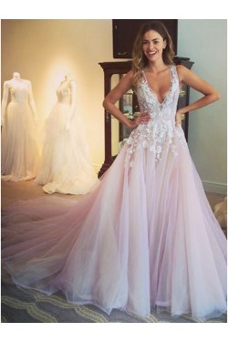 Elegant Lace V-Neck Long Prom Formal Evening Party Dresses 3021054