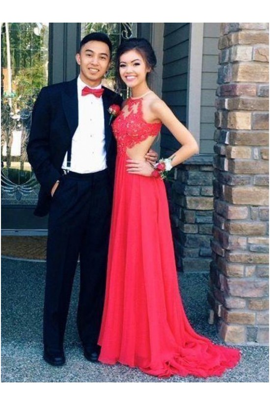 Long Red Lace Chiffon Prom Formal Evening Party Dresses 3021065