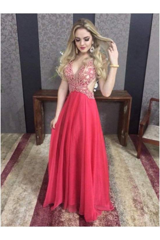 Long Red V-Neck Prom Formal Evening Party Dresses 3021066 Long Red V-Neck Prom Formal Evening Party Dresses 3021066