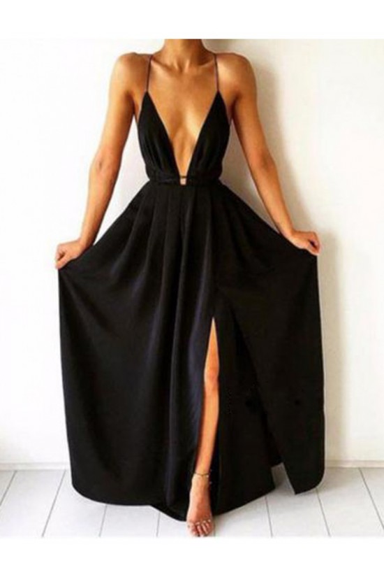 Long Black Deep V-Neck Prom Formal Evening Party Dresses 3021068