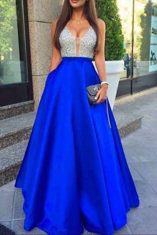 A-Line Silver Sequins Blue Satin Long Prom Evening Formal Dresses 3020107 A-Line Silver Sequins Blue Satin Long Prom Evening Formal Dresses 3020107