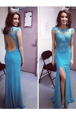 Long Blue Open Back Lace Appliques Prom Formal Evening Party Dresses 3021072